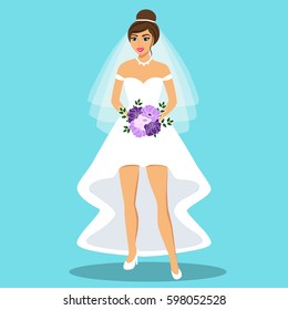 Wedding card with the bride on a blue background. Bride. Bride in wedding dress with a bouquet. Clothing. Vector illustration.