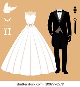 Wedding card with the clothes of the bride and groom. Clothing. Wedding set. Beautiful wedding dress and tuxedo. Vector illustration.