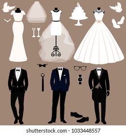 Wedding card with the clothes of the bride and groom. Wedding set. A set of wedding clothes. Beautiful wedding dress and tuxedo. Vector illustration.