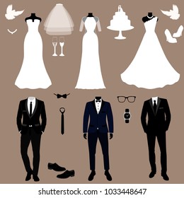 Wedding card with the clothes of the bride and groom. Wedding set. A set of wedding clothes. Beautiful wedding dress and tuxedo. Vector illustration.