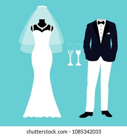 Wedding card with the clothes of the bride and groom. Wedding set. Beautiful wedding dress and tuxedo. Vector illustration.