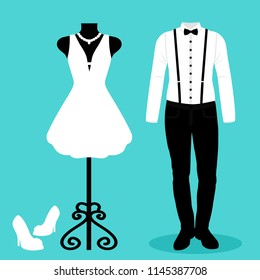 Wedding card with the clothes of the bride and groom. Wedding set. Beautiful wedding dress and tuxedo. Vector illustration.