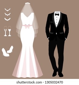 Wedding card with the clothes of the bride and groom. Wedding set. Beautiful wedding dress and tuxedo. Vector illustration.