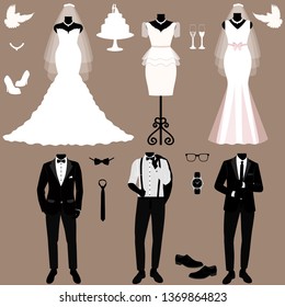 Wedding card with the clothes of the bride and groom. Wedding set. A set of wedding clothes. Beautiful wedding dress and tuxedo. Vector illustration.