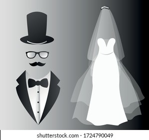 Wedding card with the clothes of the bride and groom. Clothing. Wedding set. Beautiful wedding dress and tuxedo. Vector illustration.