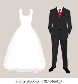 Wedding card clothes of the bride and groom. Beautiful wedding dress and suit. Vector