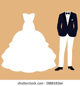 Wedding card with the clothes of the bride and groom. Beautiful wedding dress and tuxedo. Vector illustration.