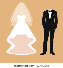 Tarjeta de matrimonio con la ropa de la novia y el novio. Hermoso vestido de novia y esmoquin. Ilustración vectorial.