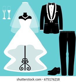 Wedding card with the clothes of the bride and groom. Wedding set. Beautiful wedding dress and tuxedo. Vector illustration.
