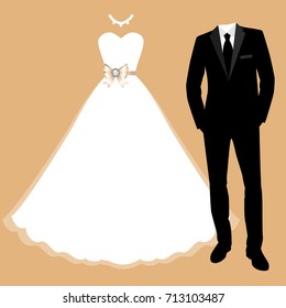 Wedding card with the clothes of the bride and groom. Wedding set. Beautiful wedding dress and tuxedo. Vector illustration.