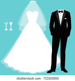 Wedding card with the clothes of the bride and groom. Beautiful wedding dress and tuxedo. Vector illustration.