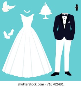 Wedding card with the clothes of the bride and groom. Wedding set. Beautiful wedding dress and tuxedo. Vector illustration.
