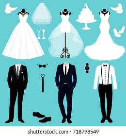 Tarjeta de matrimonio con la ropa de la novia y el novio. Juego de bodas. Un conjunto de ropa de boda. Hermoso vestido de novia y esmoquin. Ilustración vectorial.