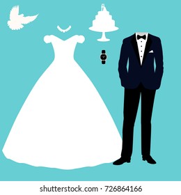 Wedding card with the clothes of the bride and groom. Wedding set. Beautiful wedding dress and tuxedo. Vector illustration.