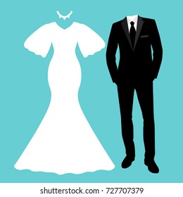 Wedding card with the clothes of the bride and groom. Wedding set. Beautiful wedding dress and tuxedo. Vector illustration.
