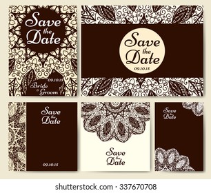 Wedding card collection with mandala. Template with vintage ornamental elements. Decorative greeting design with vintage Islam, arabic, indian motifs. 