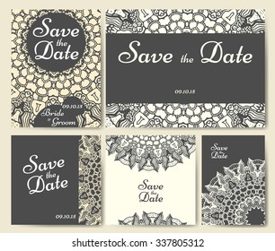 Wedding card collection with mandala. Template with vintage ornamental elements. Decorative greeting design with vintage Islam, arabic, indian motifs. 