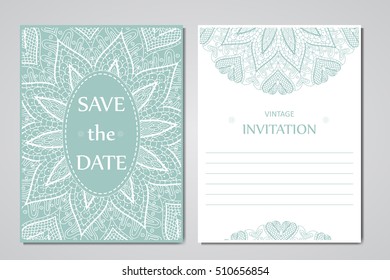 Wedding card collection with mandala. Template of invitation card. Decorative greeting invitation design with vintage Islam, arabic, indian motifs.