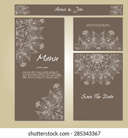 Wedding card collection. Patterned zentangle background on marketing materials. Identity elements for professionals. Vector illustration.