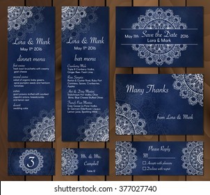 Wedding card collection - save the date, menu, bar menu, invitation, table cards and rspv card. Round oriental lace ornament with mandala. Vector vintage hand-drawn highly detailed illustration.