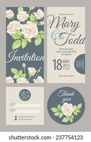 Wedding card collection. Vector graphics depicting vintage Victorian roses. Invitation, thank you, rsvp.