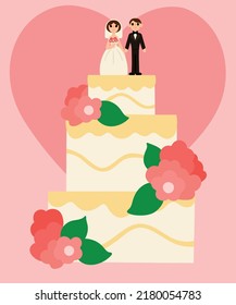 Wedding card concept. Wedding cake with figurines of bride and groom on top. Image isolated on colored background with heart. Vector illustration.
