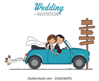 Wedding card.  Wedding couple in car