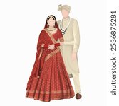 Wedding Card, Wedding Couple Caricature, Bride in red lehnga, Groom in beige sherwani, Bride and groom standing together.