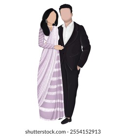 Wedding Card, wedding couple caricature, Bride and groom couple caricature in pink saree and black coat standing side by side to eachother, reception couple portrait, glittery saree.