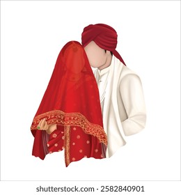 Wedding Card, Wedding Couple Caricature, Bride in red lehnga, Groom in beige sherwani, Bride and groom standing together.