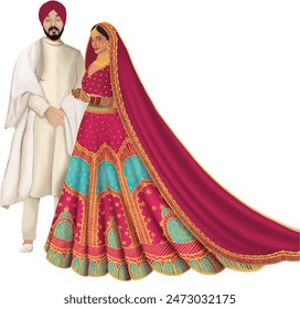 Wedding Card. Wedding couple caricature. Wedding Invitation Template Layout. Punjabi Couple Image in pink and blue lehnga and groom in beige sherwani. Gurudwara wedding. Anand kaaraj.