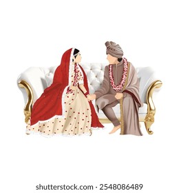 wedding card, wedding couple caricature, wedding couple portrait sitting on a white sofa, bride in white lehenga and red dupatta and groom in beige color. 