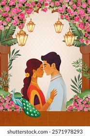 wedding card, wedding couple caricature, traditional wedding card background with the couple in front, and the Bougainvillea flowers around the walls with the lamps hanging through the roof.