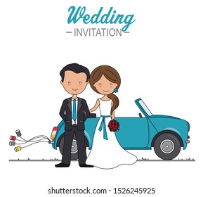 Wedding card. Wedding couple in front of the car
