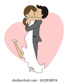 Wedding card. Wedding couple hugging with a heart in the background