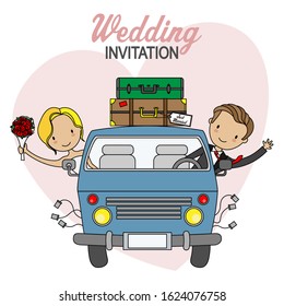 Wedding card. Wedding couple in van