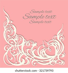 Wedding card, cut paper with shadow, abstract vintage ornament with heart. Greeting card happy Valentine's day, birthday holiday.