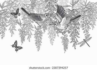Wedding card. Cute birds, butterflies, dragonfly on tree branches Wisteria liana. Floral pattern. Garden Japanese flowers. Black and white. Vector illustration. Vintage decor Template for invitations. svg