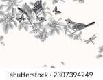 Wedding card. Cute birds on the branches of Blossoming tree, butterflies and dragonfly. Spring Floral pattern. Flower Vector illustration. Black and white. Vintage. Template for wedding invitations.