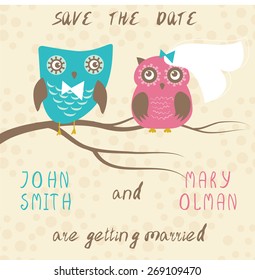 Wedding card with cute owls couple