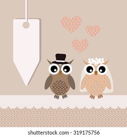 Wedding card with cute owls, hearts and label