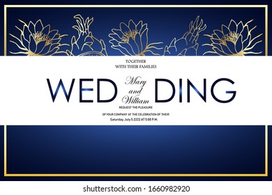 Tarjeta de matrimonio con fondo azul oscuro y flores tropicales doradas. ilustración de material vectorial eps10.