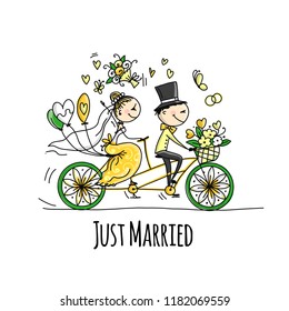 Wedding card design. Bride and groom riding on bicycle