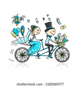 Wedding card design. Bride and groom riding on bicycle