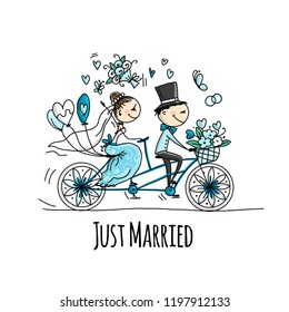 Wedding card design. Bride and groom riding on bicycle