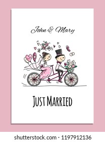 Wedding card design. Bride and groom riding on bicycle