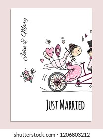 Wedding card design. Bride and groom riding on bicycle