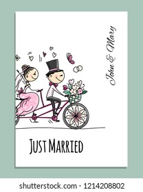 Wedding card design. Bride and groom riding on bicycle