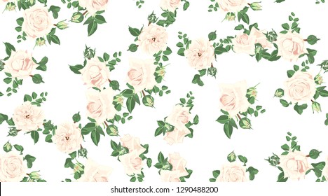Wedding Card Design, Floral Pattern, Vector Rose in Pastel Colors. Vintage Flowers in Watercolor Style. Seamless Roses Background for Card, Invitation, Fabric. Spring or Summer Bouquet, Post Card.