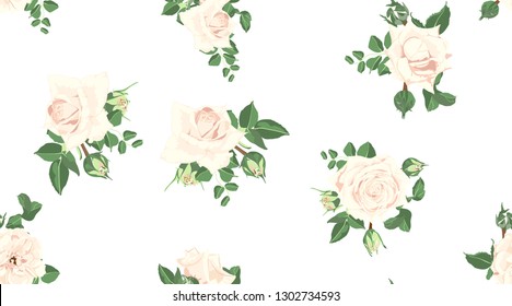 Wedding Card Design, Floral Pattern, Vector Rose in Pastel Colors. Vintage Flowers in Watercolor Style. Seamless Roses Background for Card, Invitation, Fabric. Spring or Summer Bouquet, Post Card.